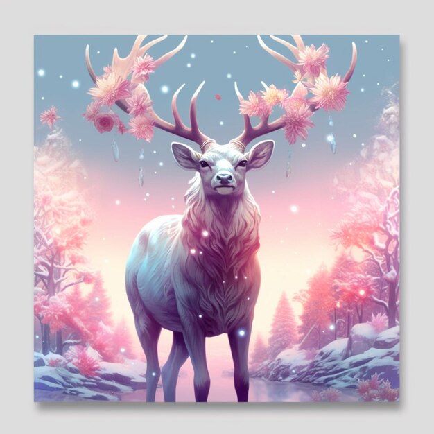 Deer in the snow with flowers on its antlers ai generative