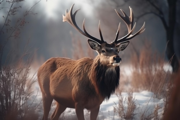 A deer in the snow with the sun shining on its antlers.