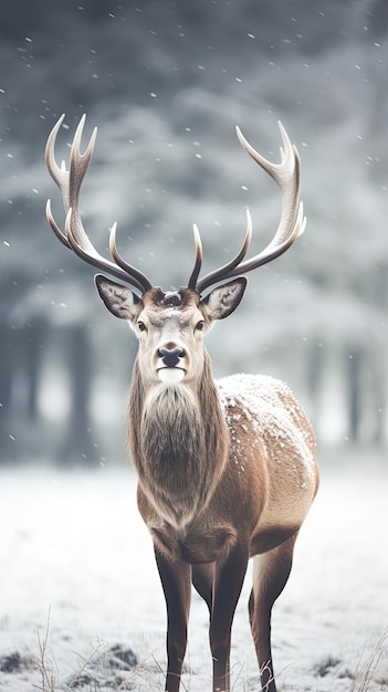 A deer in the snow with the word deer on it