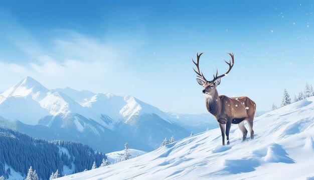 Deer on snowcovered mountain in winter