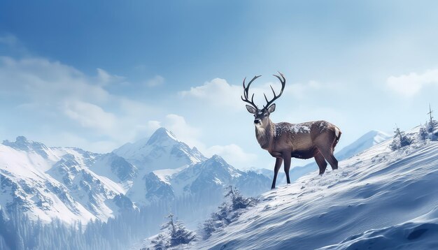 Deer on snowcovered mountain in winter