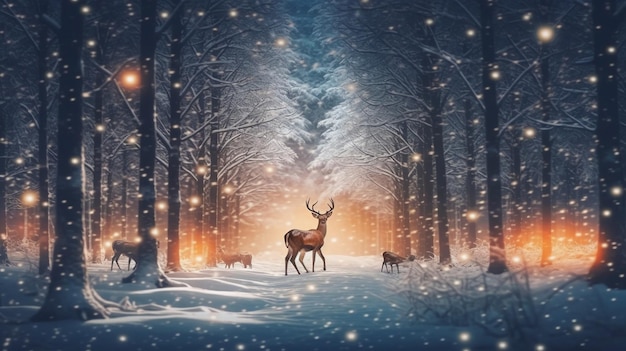 A deer in a snowy forest with a glowing light