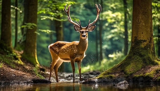 Deer staat in het groene bos en kijkt naar de camera.