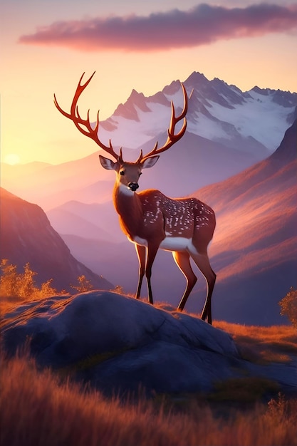 Deer stag in a moody dramatic mountain sunset landscape