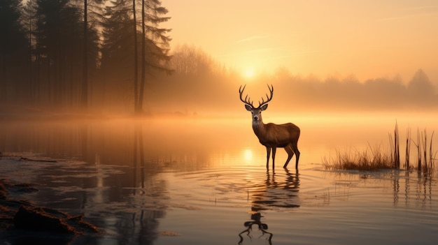 日の出時に湖のに立っている鹿