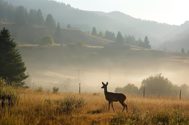 Cervo in piedi nel campo con la nebbia sullo sfondo