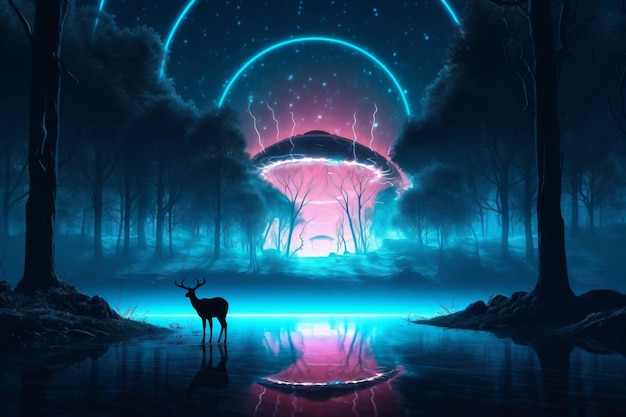 a deer standing in a forest with a glowing mushroom