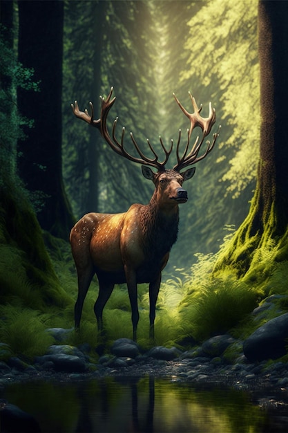 Deer standing in the middle of a forest generative ai