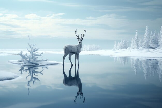 олень, стоящий посреди замерзшего озера