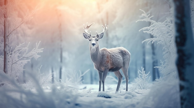 a deer standing in the middle of a snowy forest