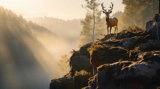 写真 日の出時に山の森の景色を眺める岩の上に立っている鹿