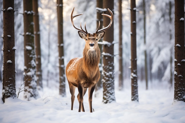 a deer standing in the snow in a forest