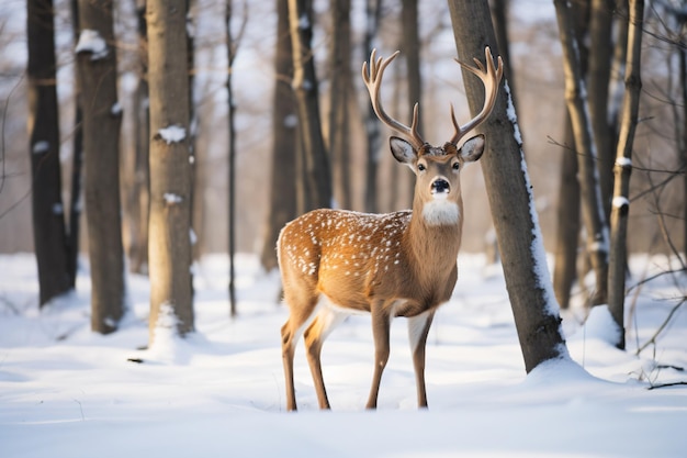 a deer standing in the snow in a forest