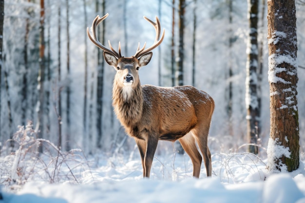 a deer standing in the snow in a forest
