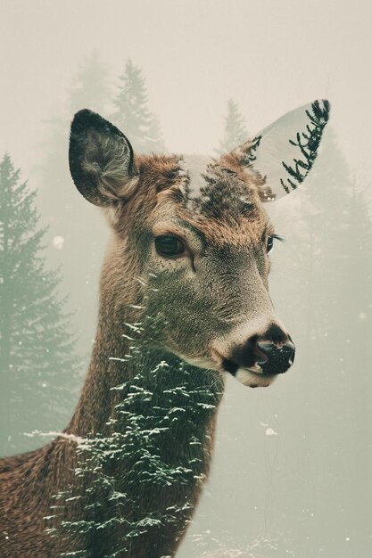 a deer standing in the snow with trees in the background