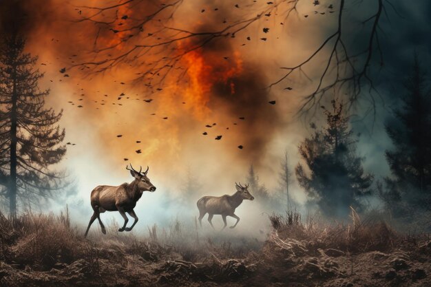 野生動物の逃亡シーンの一環として猛烈な火災から逃げる森の燃える木の間で立っている鹿