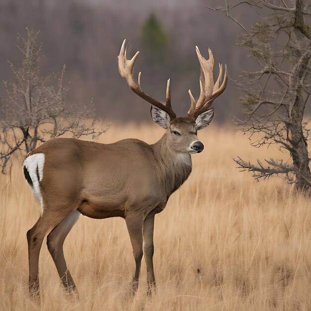 a deer stands in a field with dead trees in the background