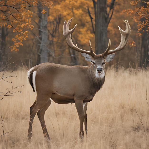 a deer stands in a field with a fall colored tree in the background