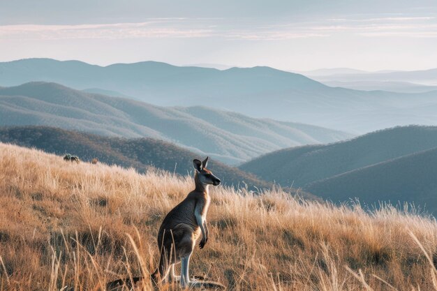 Foto un cervo si trova in un campo con le montagne sullo sfondo