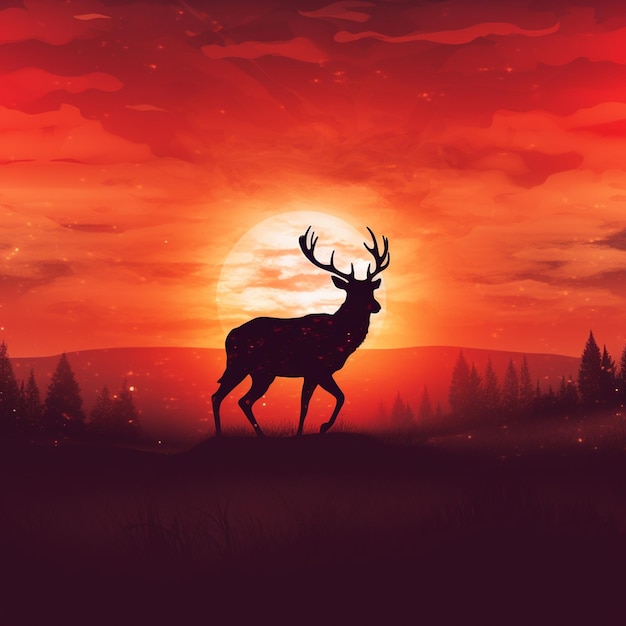 A deer stands in a field with a sunset in the background.