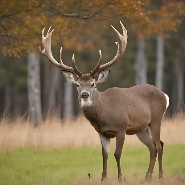 a deer stands in a field with a tree in the background