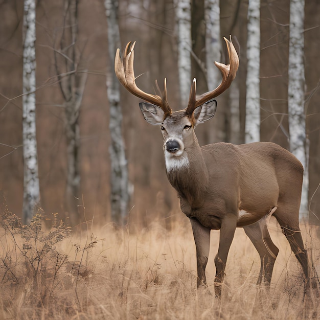 Photo a deer stands in a field with trees in the background