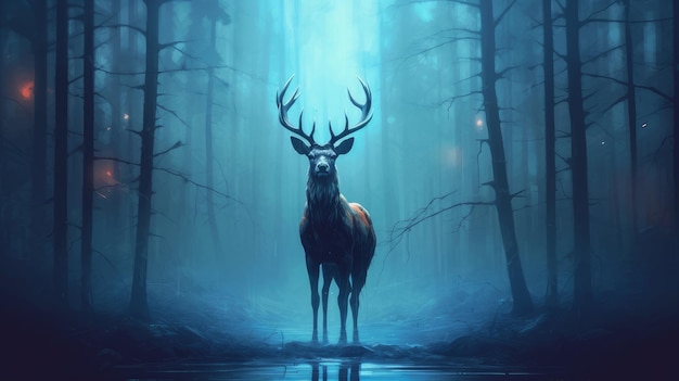 a deer stands in the forest in the fog at night