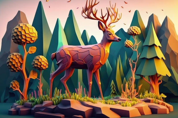 A deer stands in a forest with a forest in the background.