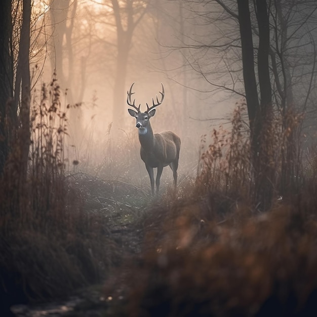 A deer stands in a forest with the sun shining on its head.