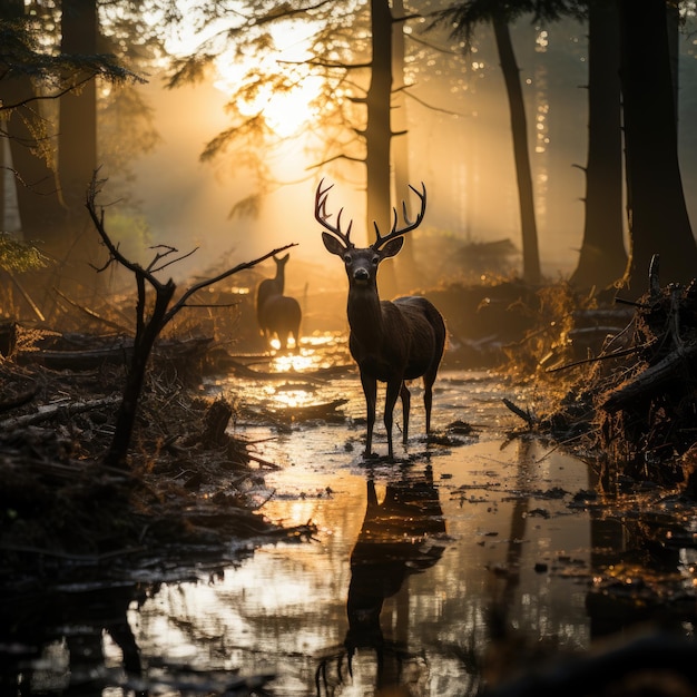 Photo a deer stands in a forest with the sun shining through the trees.