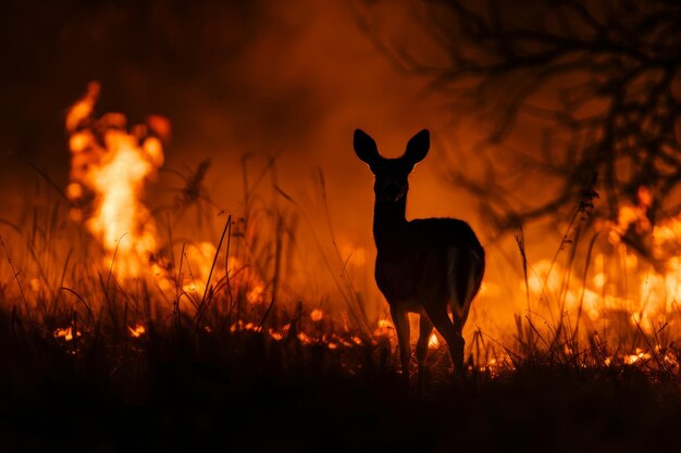 Photo a deer stands in front of a fire in the background