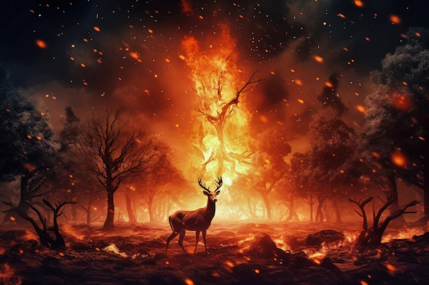 A deer stands in front of a raging fire in the woods highlighting the danger of forest fires for wildlife