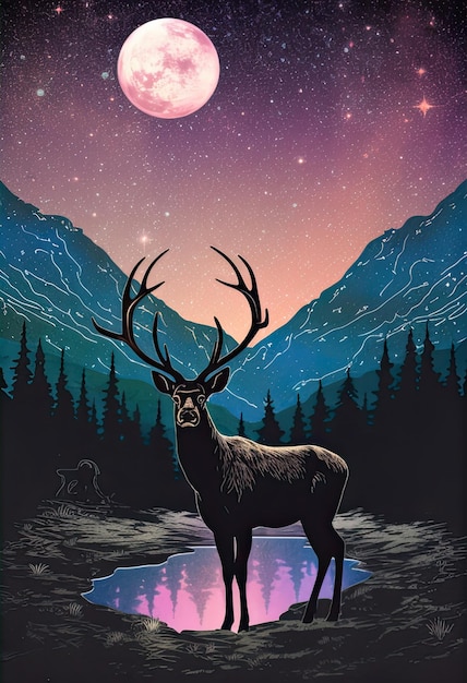 A deer stands in front of a river with the moon in the background