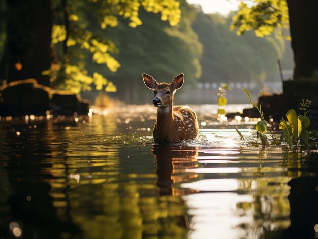 写真 鹿 は 水 の 中 に 立っ て いる