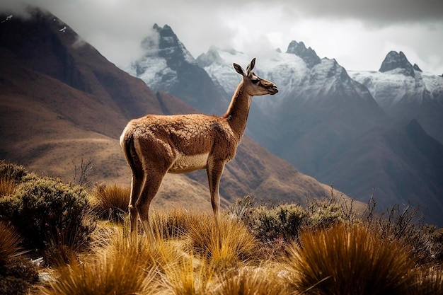 A deer stands in the mountains of peru.