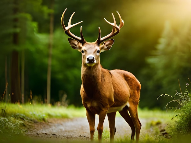 Photo a deer stands on a path in the woods.