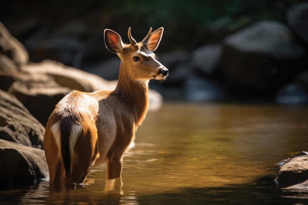 A deer stands in a river with the sun shining on its face.