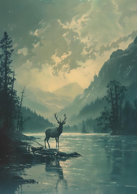 A deer stands on a rock in the river framed by a natural landscape at dusk