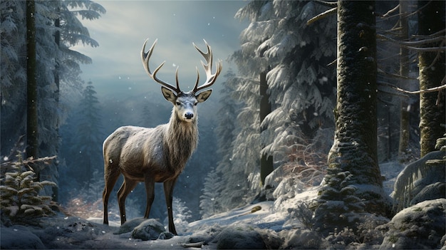 A deer stands in the snow in a forest.