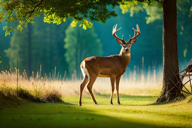 A deer stands under a tree in a forest