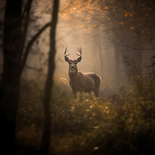 A deer stands in the woods in the early morning light.