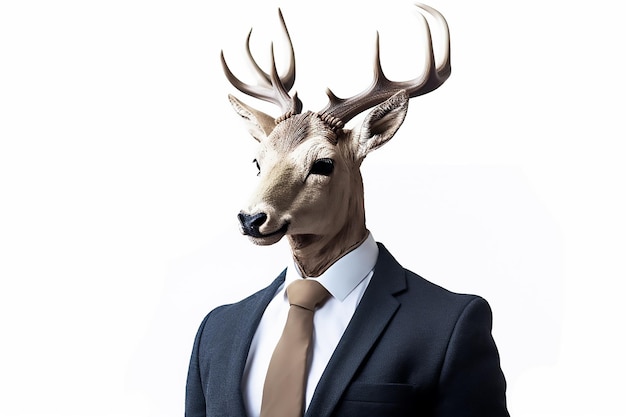 A deer in a suit with a tie that says'deer'on it