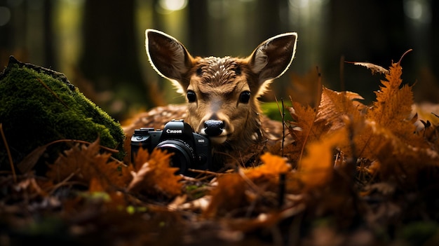 Photo deer that is laying down in the leaves generative ai