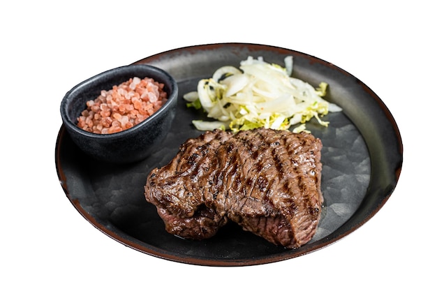 Deer venison steak with sea salt and salad Isolated on white background