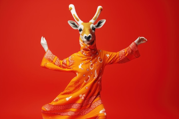 Deer wearing colorful clothes dancing on the red background