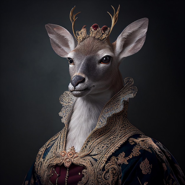 A deer wearing a crown and a crown is standing in a dark room.