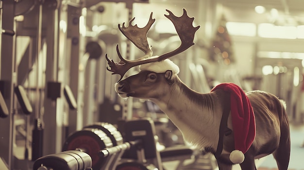 a deer wearing a santa hat is in a gym