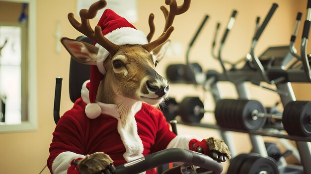 a deer wearing a santa hat is riding a bike