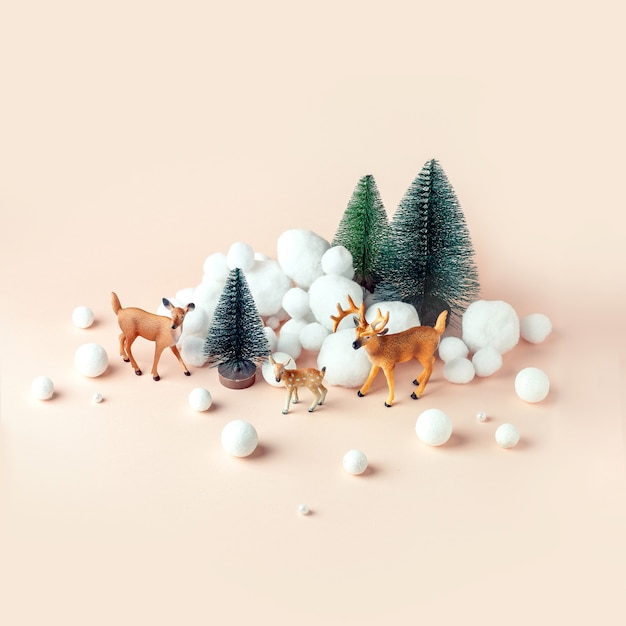 Deer in winter forest, Christmas mockup