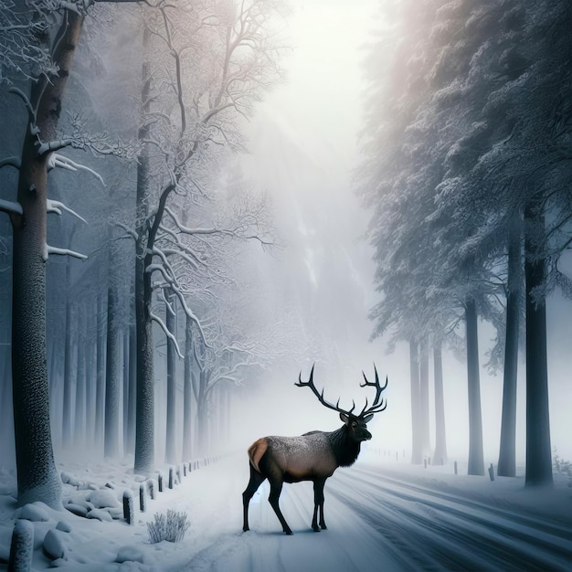 Deer in the winter forest with fog